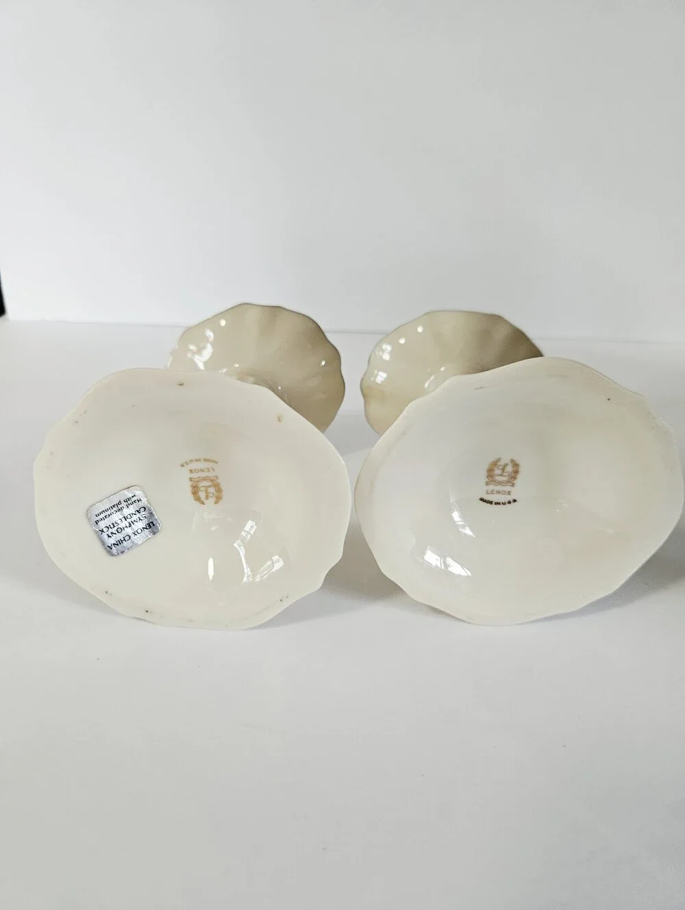 Lenox China Vintage Symphony Pattern Porcelain Candlesticks Ivory Platinum Trim